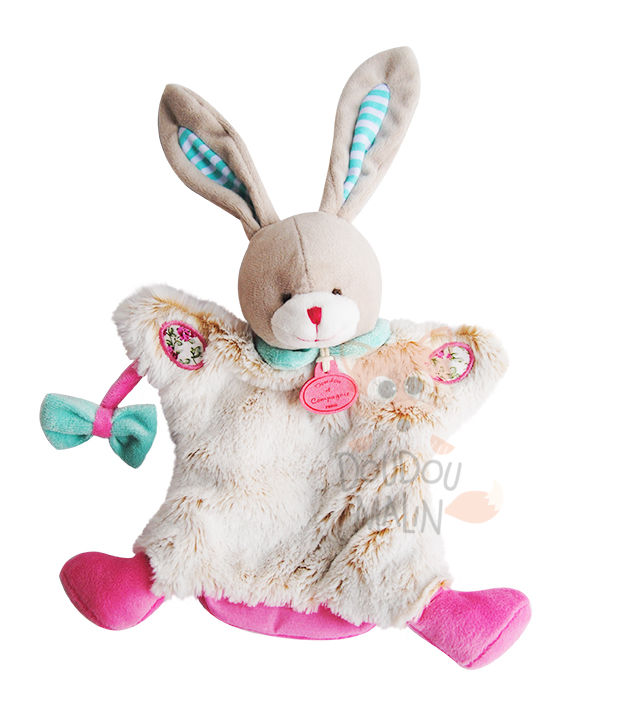  choupidoudou marionnette lapin rose beige bleu fleur noeud 